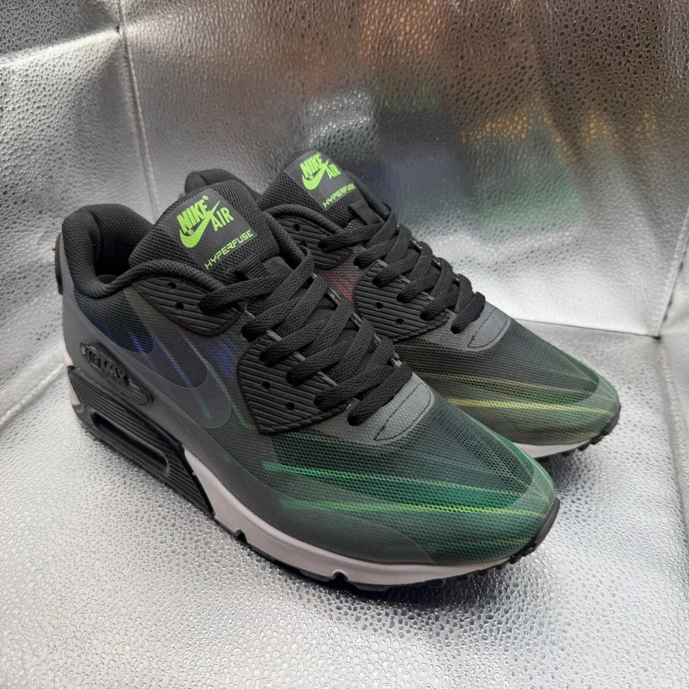 Size 10 Nike Air Max 90 Hyperfuse Sneakers Mens Black Green Excellent 502482-001